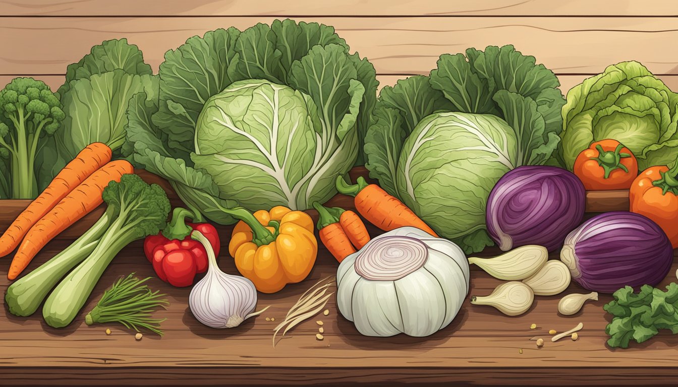 A rustic wooden table displays a variety of fresh Texan vegetables, including cabbage, carrots, peppers, and onions, ready for fermentation