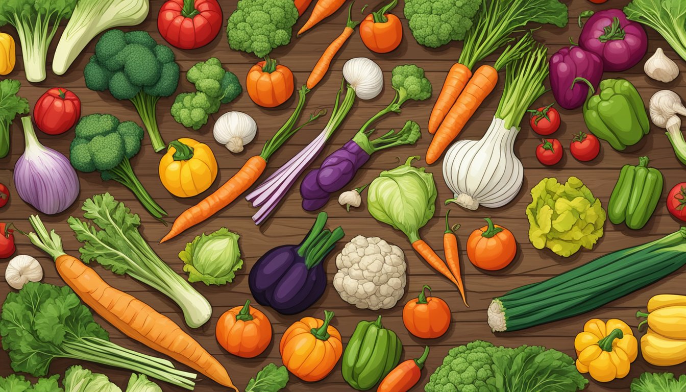 A colorful array of Texan vegetables arranged on a wooden cutting board, ready for fermentation