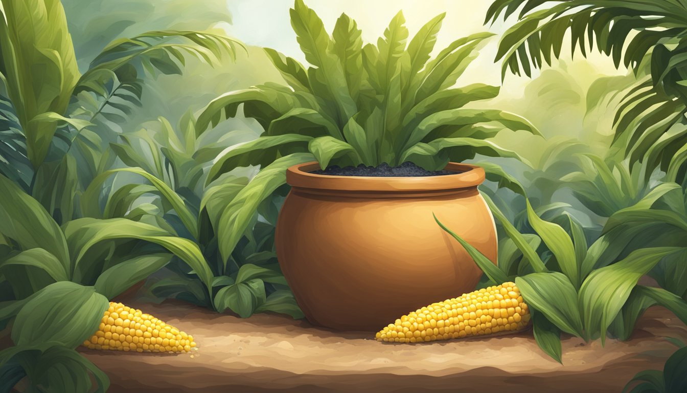 A large clay pot filled with ground corn and water, surrounded by tropical plants and a warm, humid atmosphere