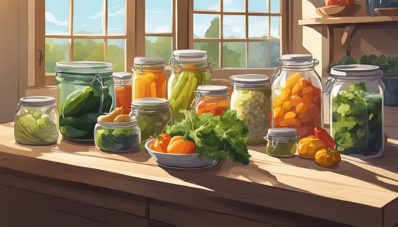 A table filled with assorted Texan vegetables, glass jars, and fermenting equipment. Bright natural light streams in through a nearby window, casting shadows on the colorful produce