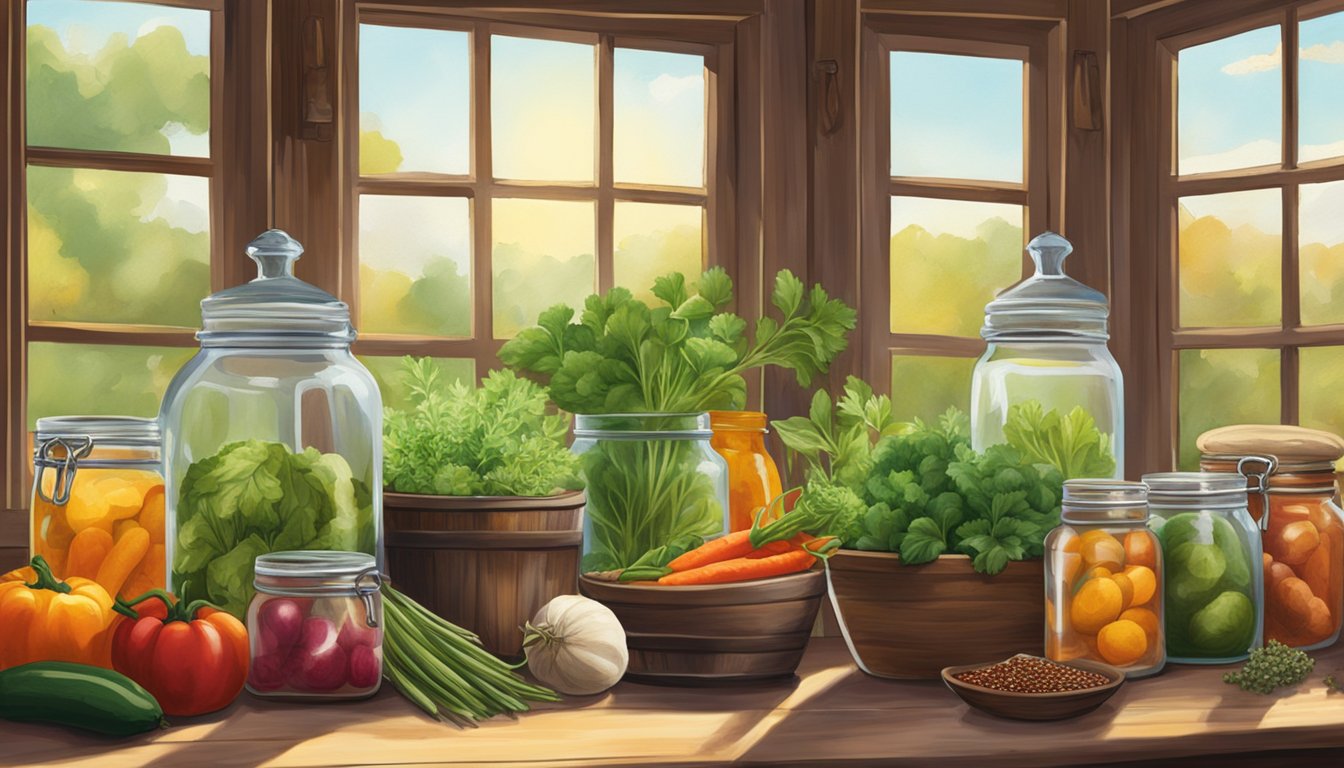 A rustic wooden table displays jars filled with colorful Texan vegetables, surrounded by fresh herbs and spices. Sunlight streams through a nearby window, casting a warm glow over the scene