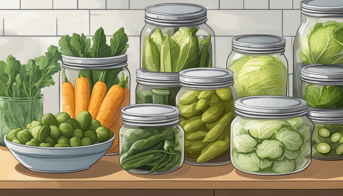 A variety of Texan vegetables, including cabbage, jalapeños, and okra, are being prepared for fermentation. Jars, salt, and probiotic cultures are laid out on a clean kitchen counter