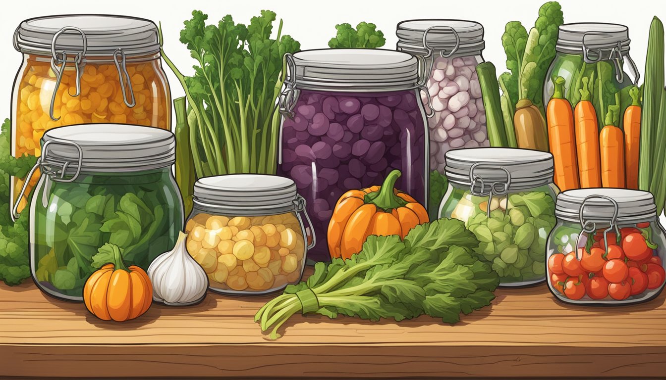 A colorful array of freshly harvested Texan vegetables arranged on a wooden cutting board, surrounded by jars of fermenting brine