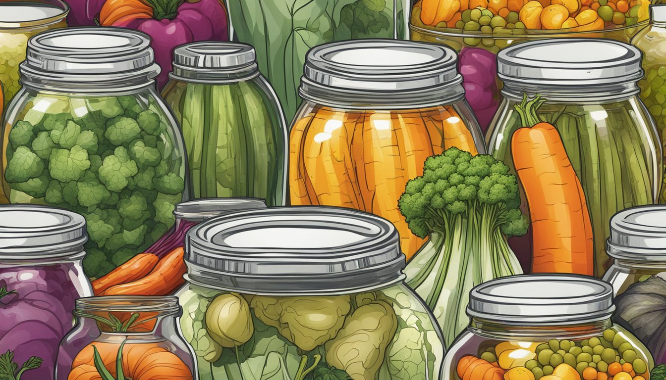 A colorful array of Texan vegetables arranged in jars, bubbling with fermentation. A variety of shapes and sizes, showcasing the diversity of the fermenting process