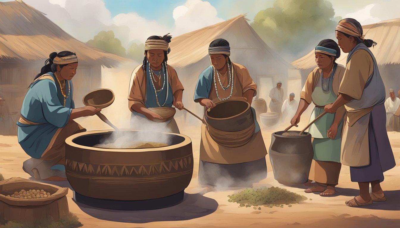 A group of indigenous people gather around a large pot, fermenting pozol. They stir the mixture with wooden paddles as steam rises from the pot