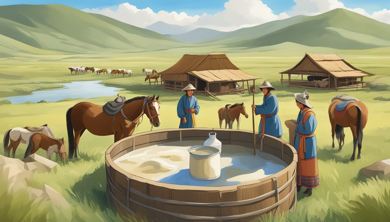 A traditional nomadic family in Mongolia fermenting horse milk in a large wooden vat, surrounded by grazing horses and a vast open landscape