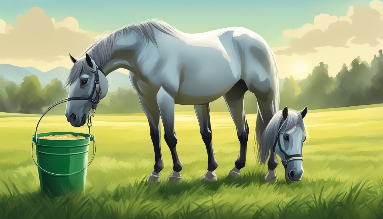 A horse grazing in a lush green pasture, with a bucket of milk set aside to ferment in the warm sun