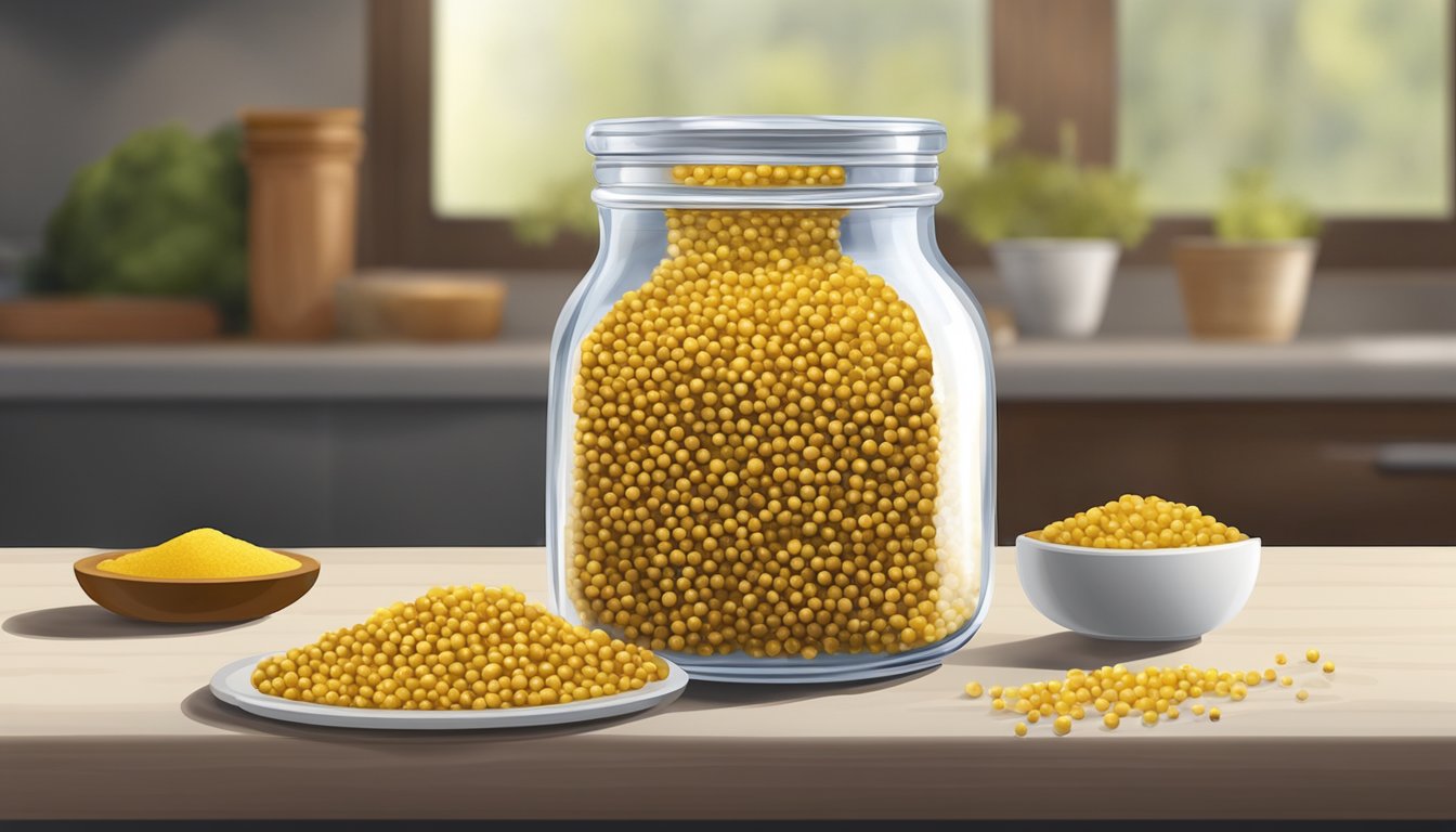 Mustard seeds, salt, and water mixed in a glass jar, covered with a cloth, left to ferment on a kitchen counter for several days