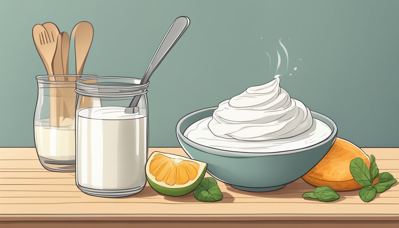 A clean kitchen counter with a bowl of milk and a spoonful of yogurt culture ready for fermentation