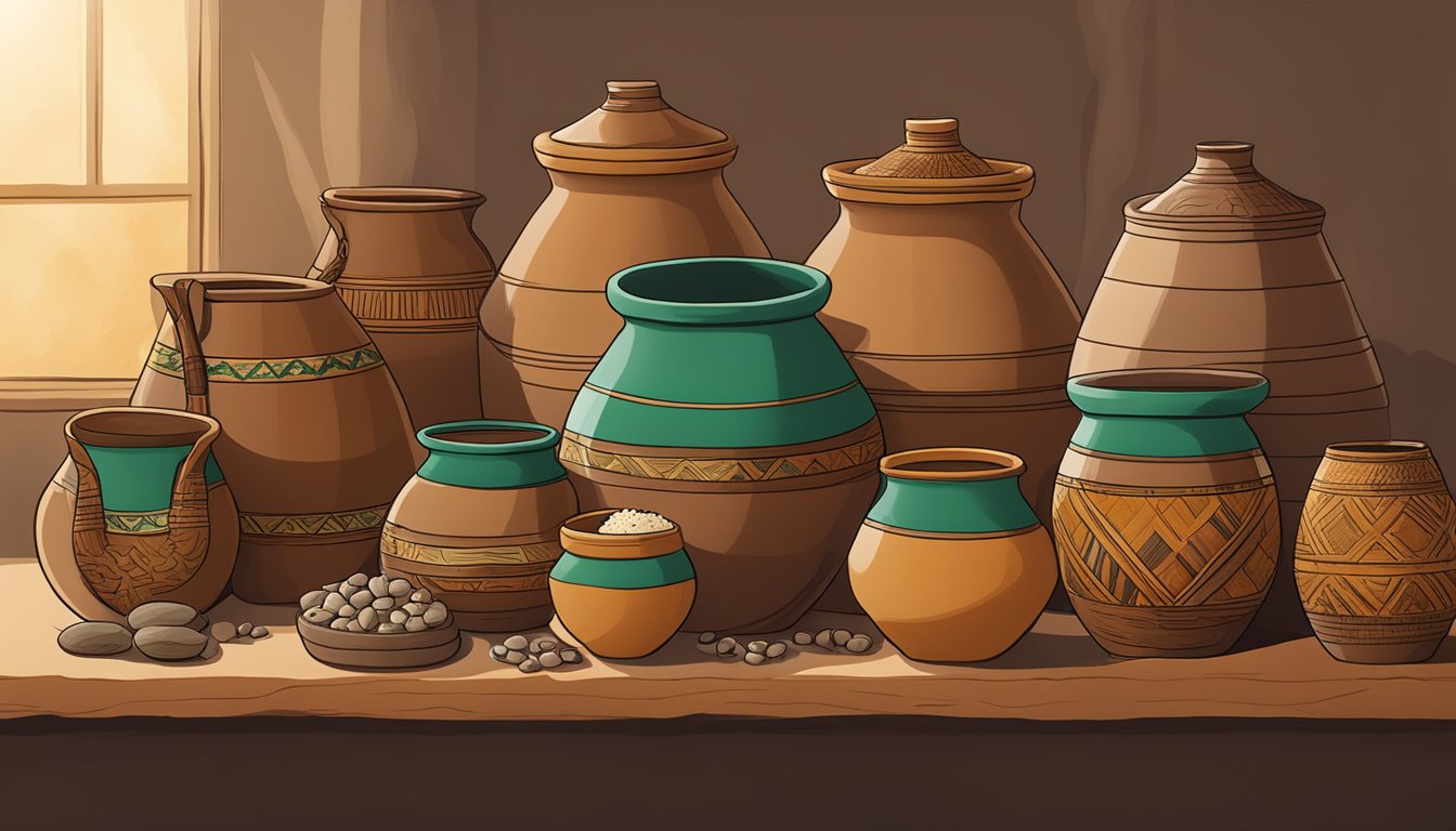 A group of clay pots filled with fermenting tella, surrounded by traditional Ethiopian brewing tools and ingredients