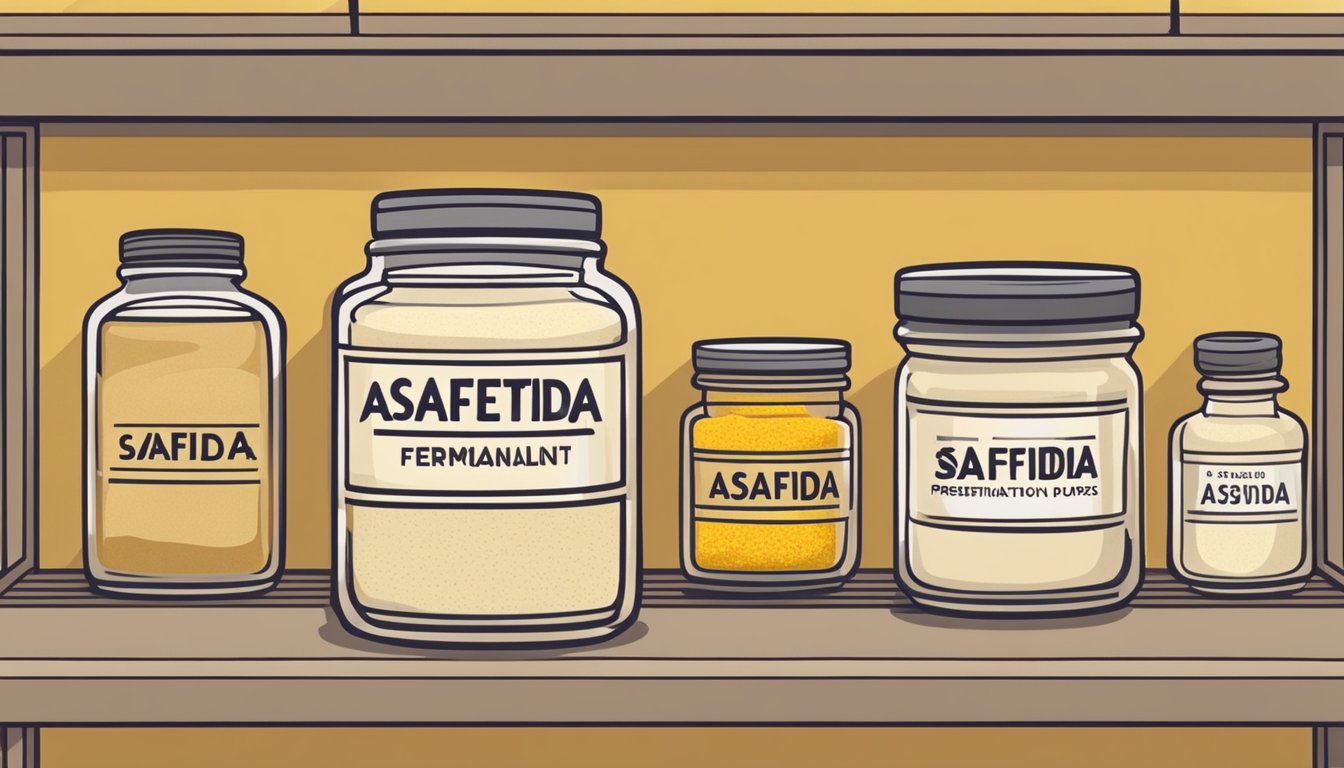 A glass jar filled with asafoetida powder sits on a shelf, with a loose lid and a small cloth covering the top. A label indicates the date of fermentation