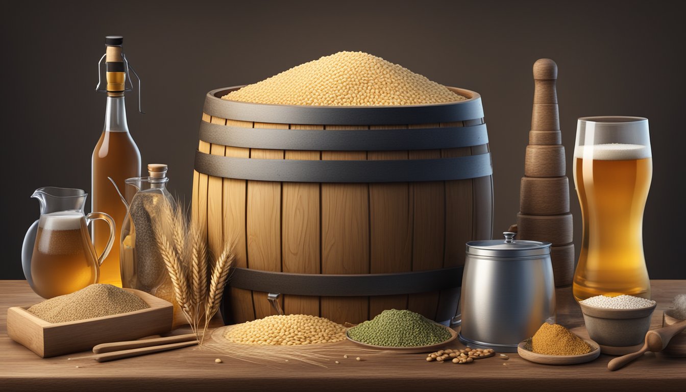 A wooden barrel filled with barley, water, and fermenting yeast, surrounded by various brewing tools and ingredients