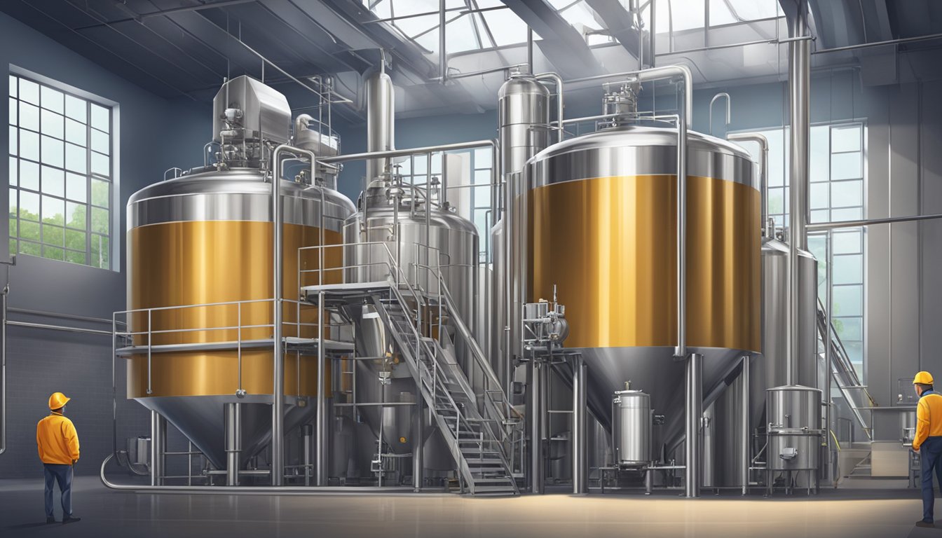 A modern brewery with stainless steel fermenting tanks and workers monitoring the process