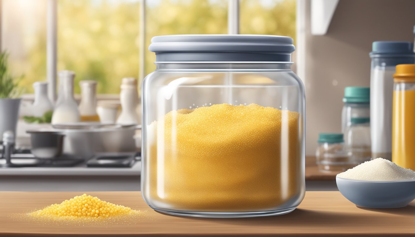 A glass jar filled with asafoetida powder and a mixture of water and salt, bubbles rising as it ferments on a kitchen counter