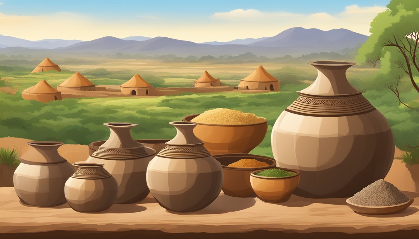 A group of clay pots filled with fermenting tella, surrounded by traditional Ethiopian injera bread and a backdrop of rural landscape