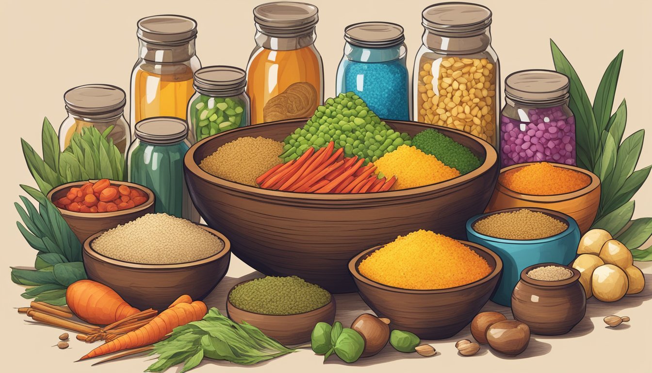 A wooden bowl filled with chhaang ingredients surrounded by jars of various flavoring options