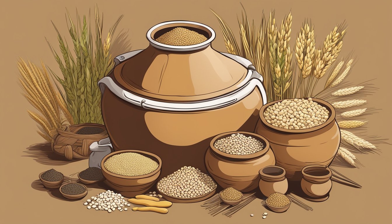 A large clay pot filled with fermenting chhaang, surrounded by various ingredients such as millet, barley, and yeast, with the aroma of fermentation filling the air