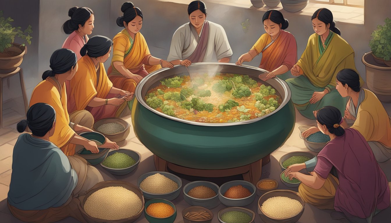 A group of people gather around a large pot, adding ingredients and stirring to ferment chhaang, with bowls and cups set out for hospitality