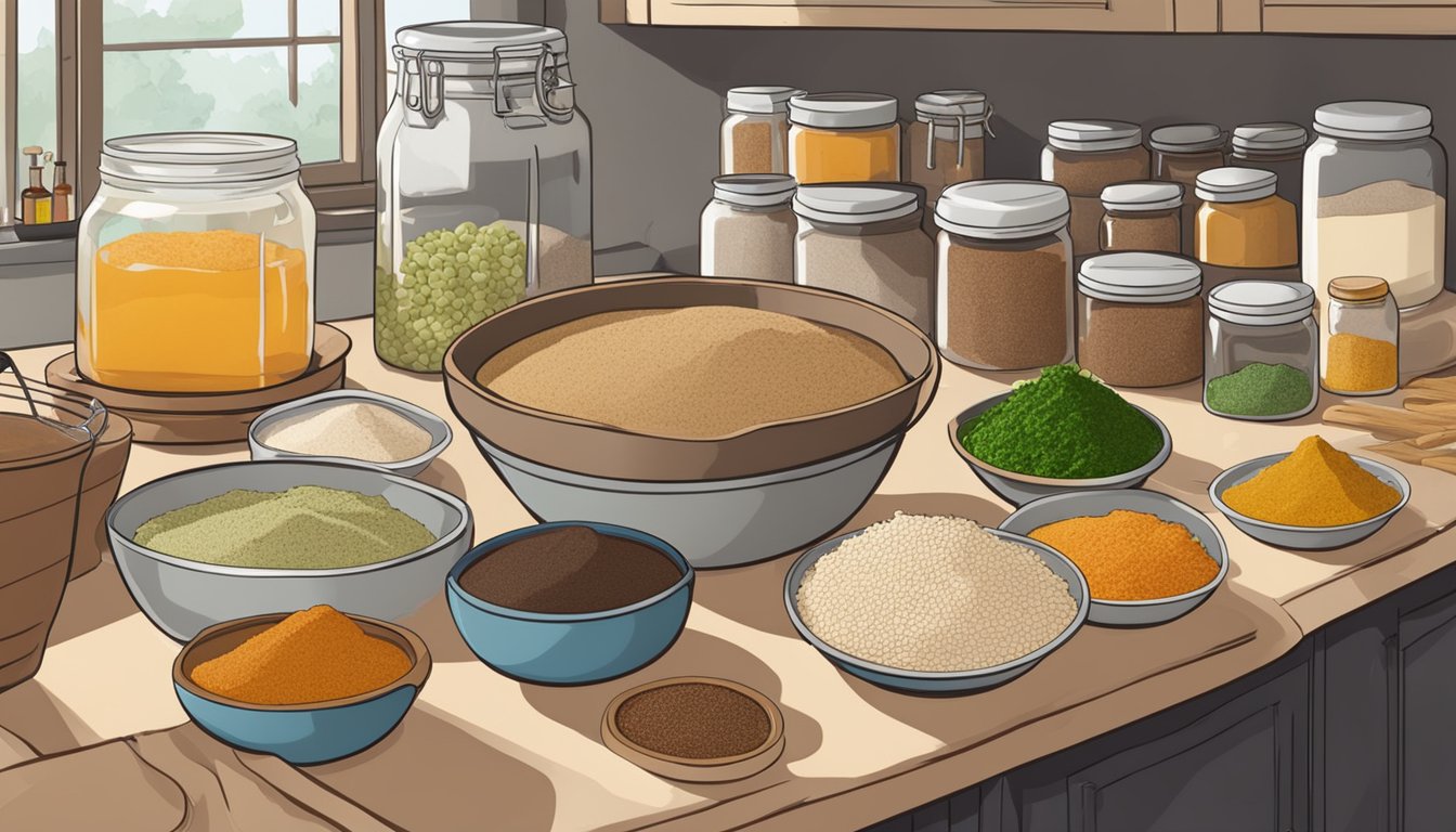 A large bowl of injera batter sits covered on a kitchen counter, surrounded by jars of fermenting injera and various ingredients for alternative injera recipes