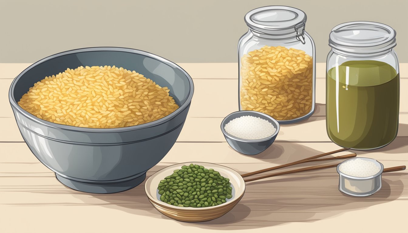 A bowl of rice and lentils soaking in water, alongside a jar of fermented dosa batter