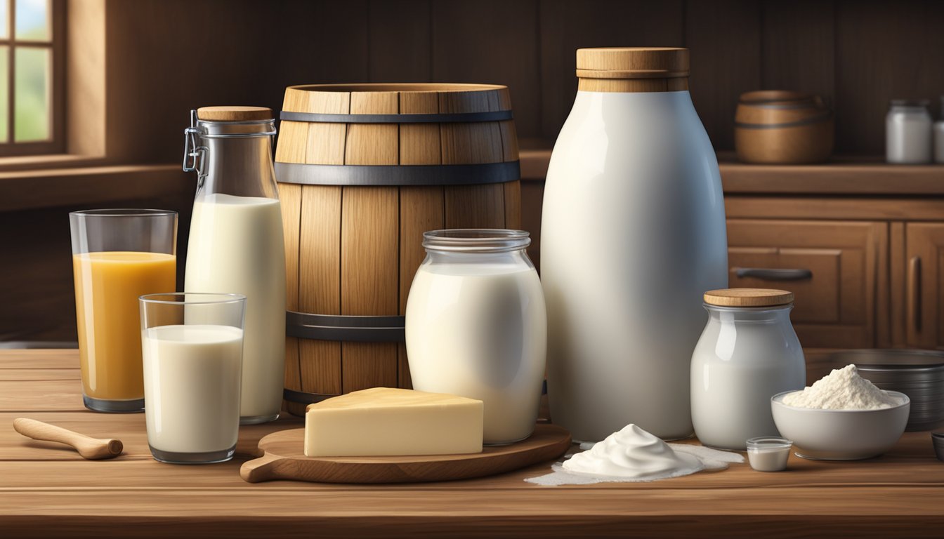 A wooden barrel filled with milk, a small container of rennet, and various cultures sit on a rustic kitchen counter