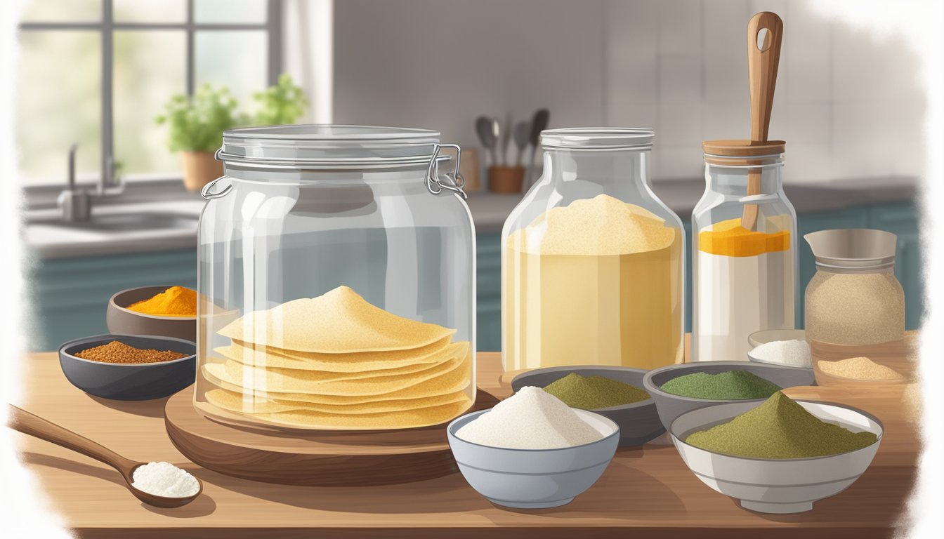 A glass jar filled with dosa batter sits on a kitchen counter, covered with a cloth to ferment. Nearby, a bowl of spices and a wooden spoon are ready for mixing