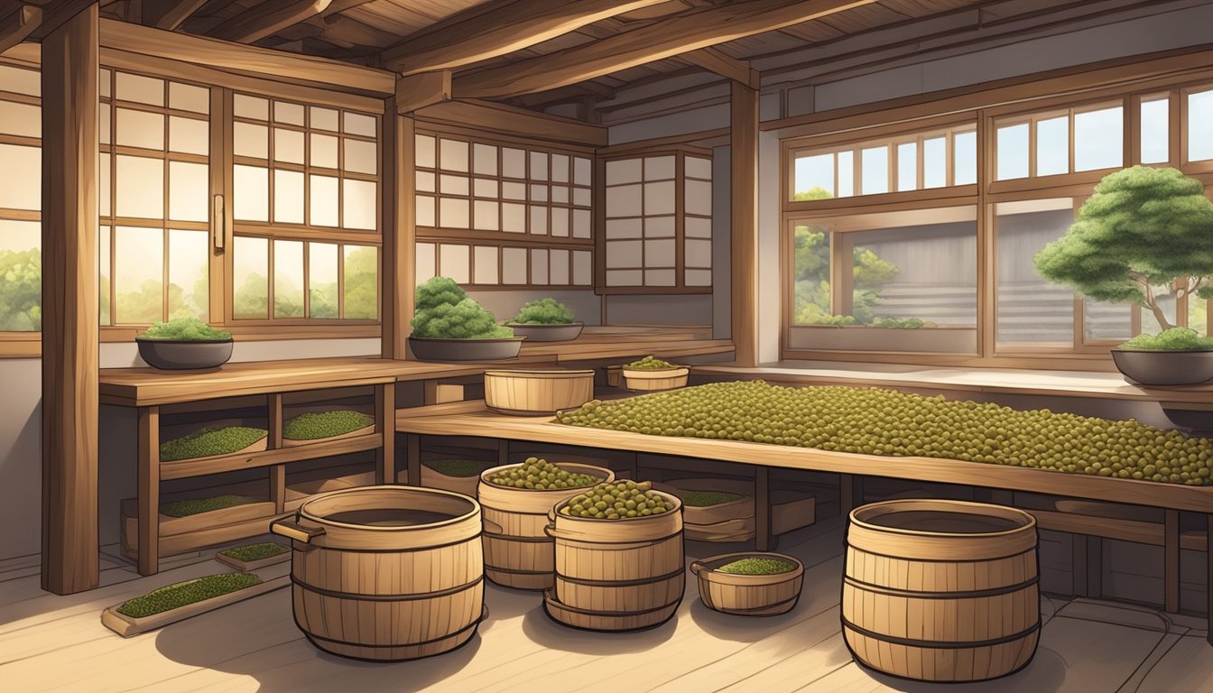 A traditional Japanese kitchen with soybeans fermenting in a wooden container, surrounded by koji spores and a warm, humid atmosphere