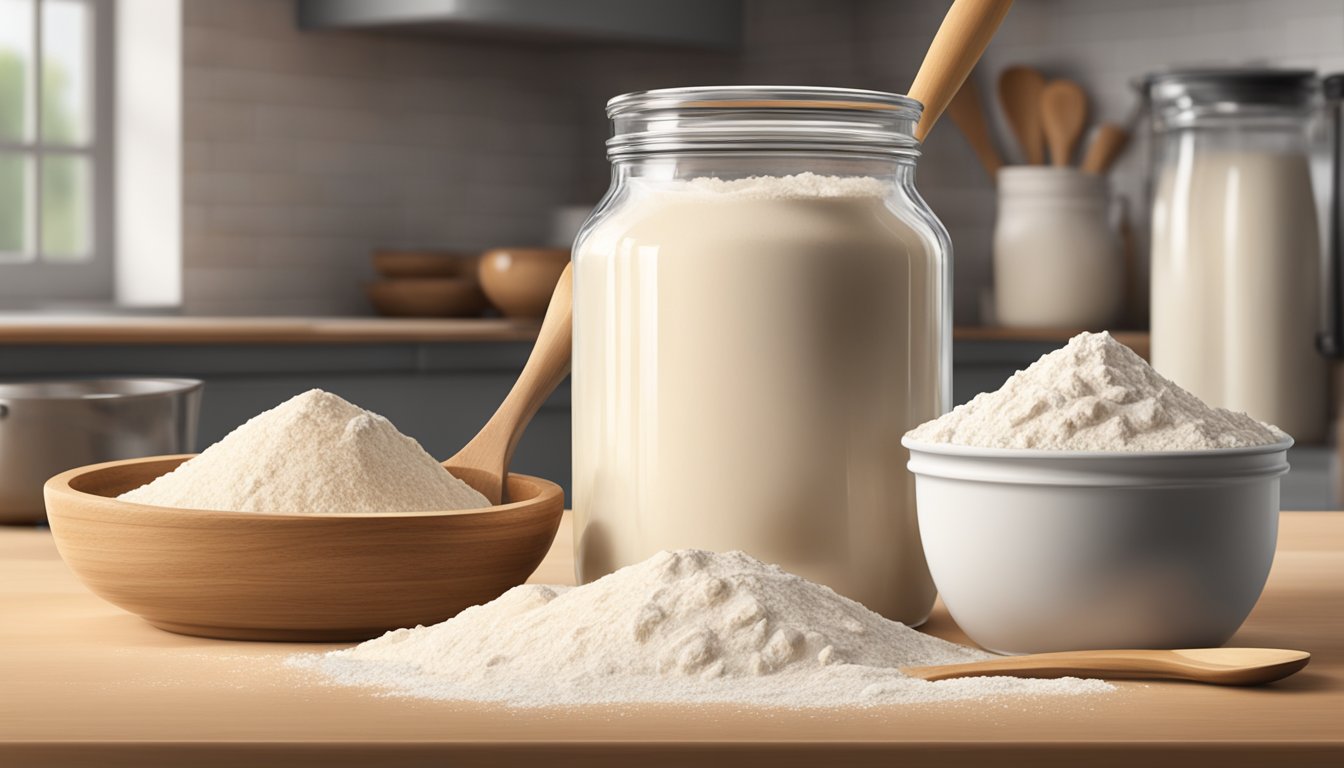 A bubbling jar of sourdough starter sits on a kitchen counter, surrounded by flour, a mixing bowl, and a wooden spoon