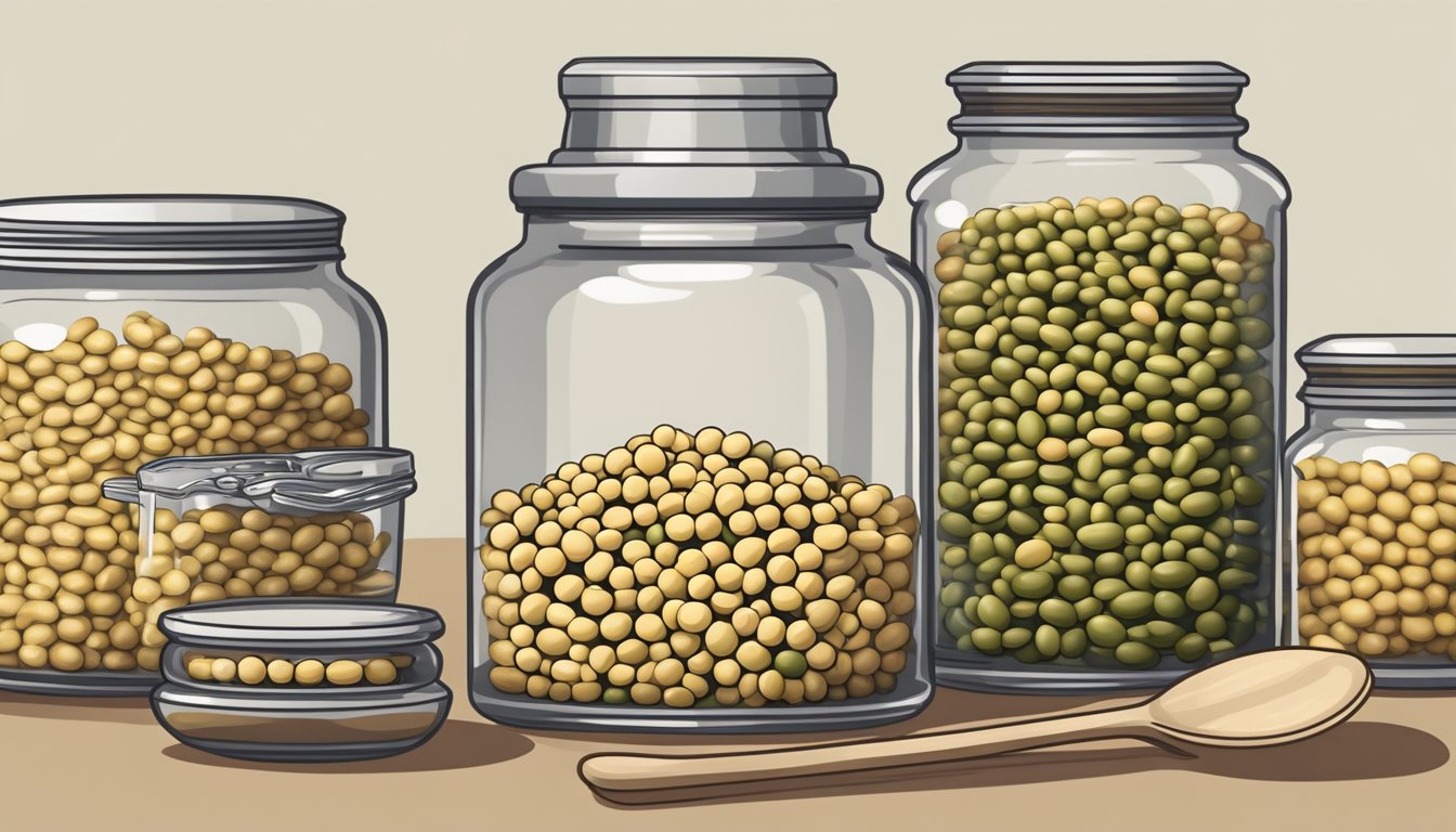 A glass jar filled with fermenting soybeans, surrounded by small dishes and utensils for serving natto