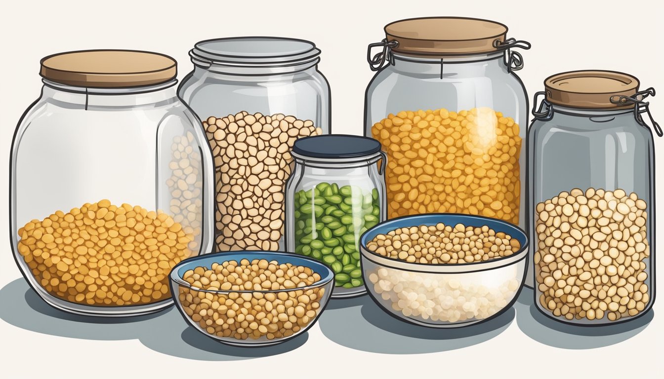 Natto fermenting in various containers, including jars, bowls, and cloth-covered dishes, with different ingredients and temperatures