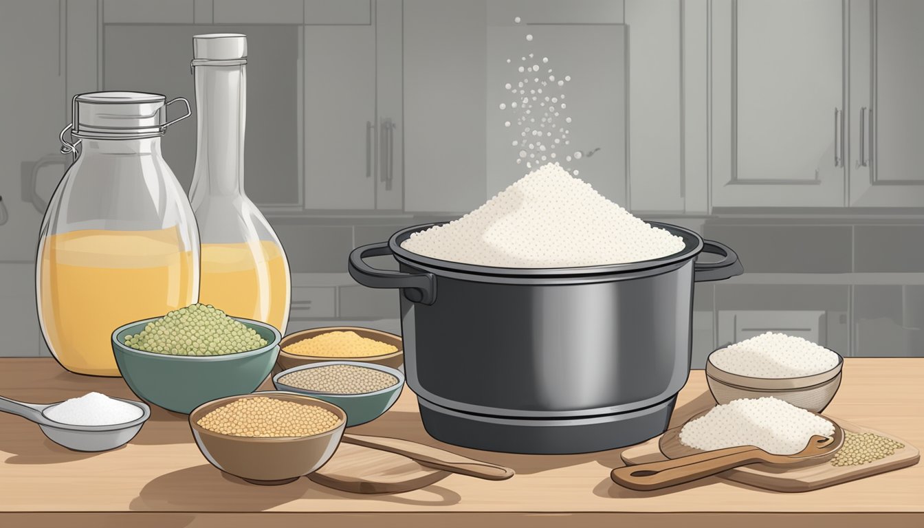 A steaming pot of idli batter sits on a kitchen counter, surrounded by ingredients like rice and lentils. A jar of fermenting batter bubbles nearby