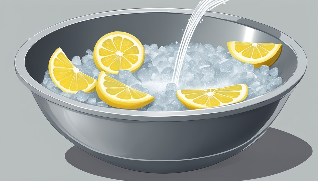 A large mixing bowl filled with water, sugar, and lemon slices, with a packet of yeast being sprinkled into the mixture