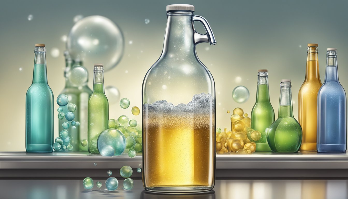 A glass bottle filled with sima sits on a countertop, bubbles rising to the top as it undergoes the carbonation process