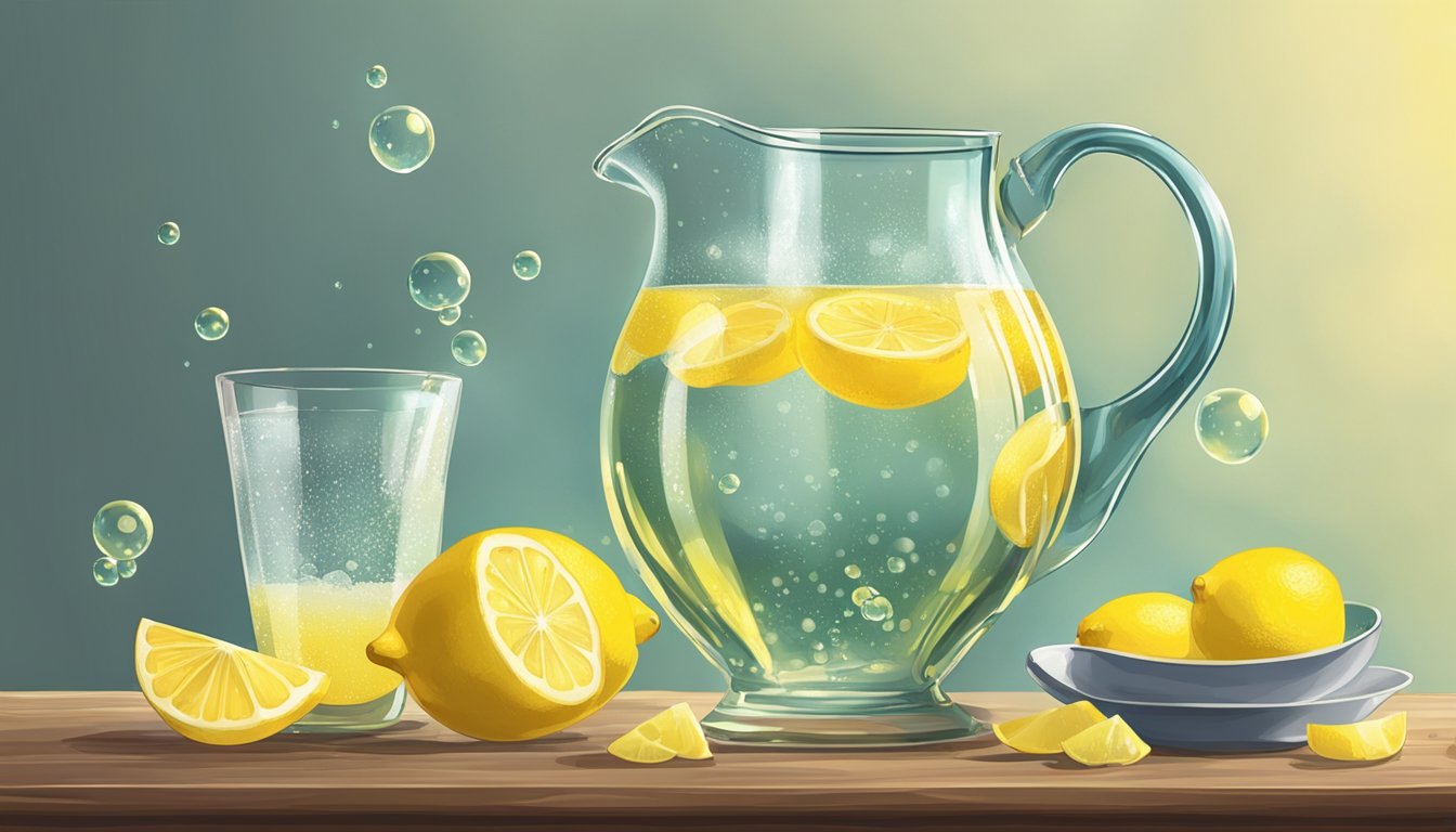 A pitcher of sima sits on a table with slices of lemon and a bowl of sugar nearby. Bubbles rise from the fermenting drink, indicating its readiness for serving and enjoyment