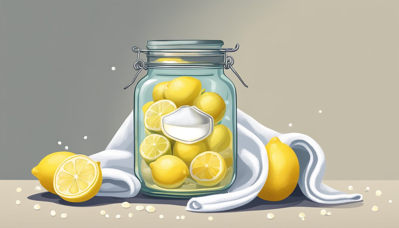 A glass jar filled with bubbling sima, surrounded by lemons, sugar, and yeast packets. A towel covers the top