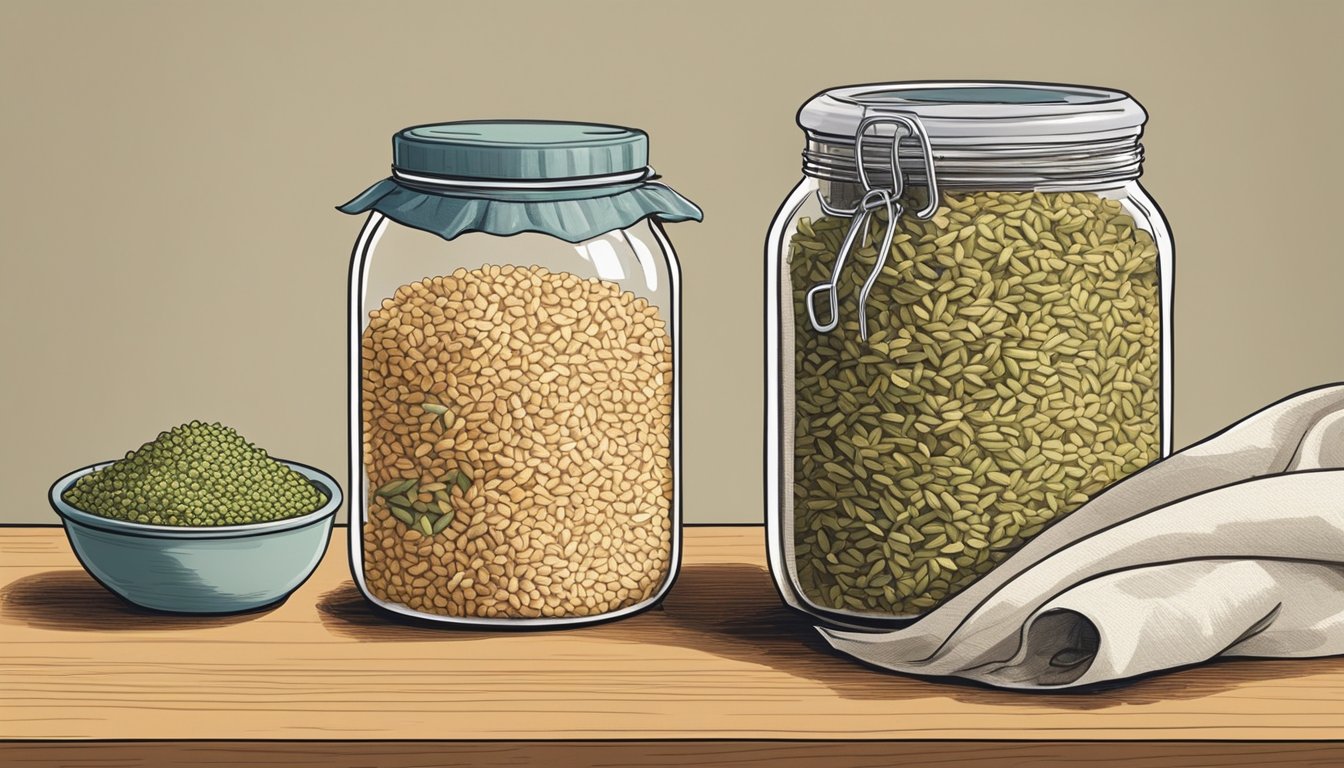 A jar of sprouted grains sits on a kitchen counter, covered with a cloth secured by a rubber band. A small bowl of rejuvelac sits nearby, ready for fermentation