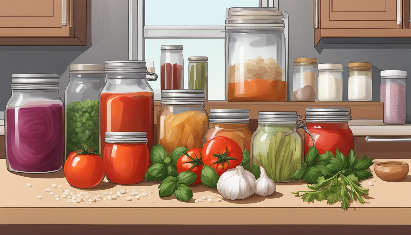 A clean kitchen counter with jars, tomatoes, garlic, onions, salt, and spices laid out for making lacto-fermented ketchup