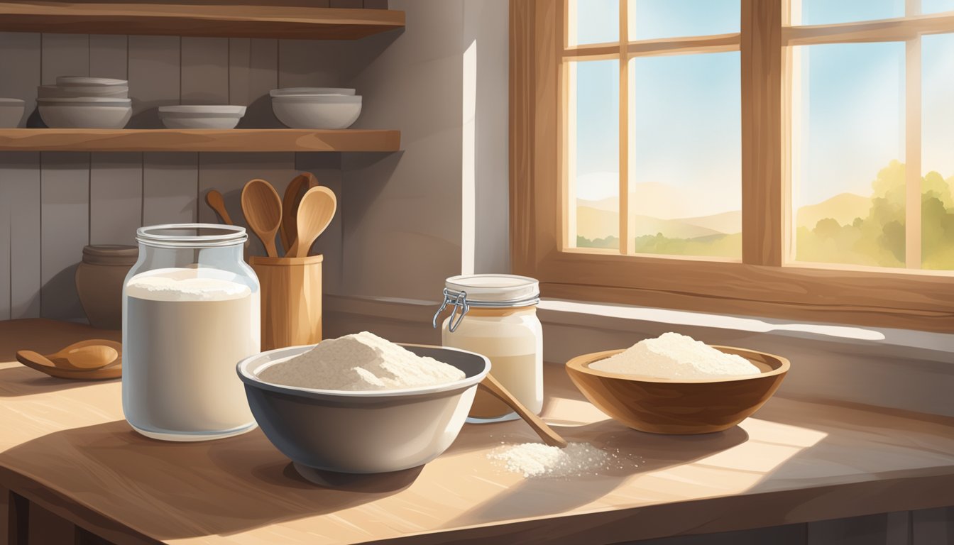 A rustic kitchen counter with a bowl of bubbling sourdough starter, a jar of flour, and a wooden spoon. A window lets in natural light