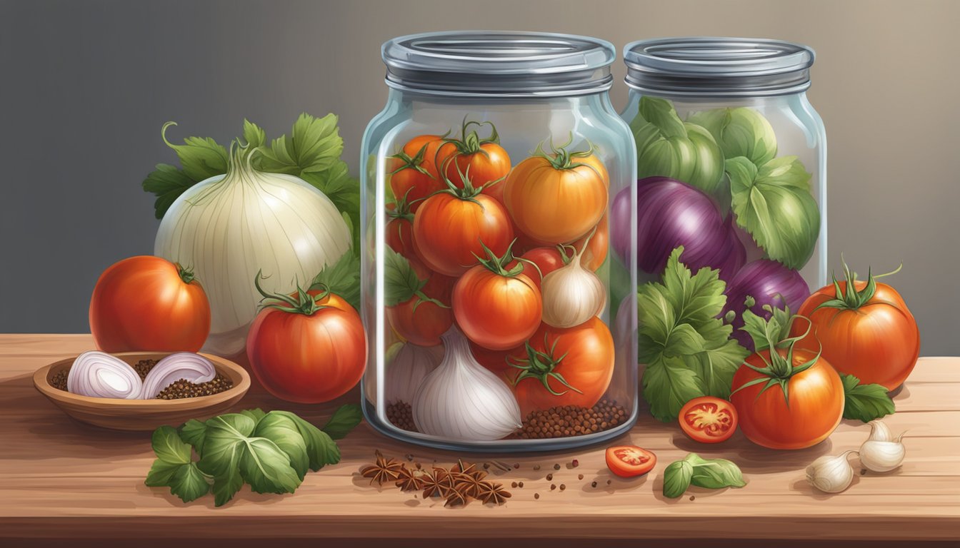 A glass jar filled with tomatoes, onions, and spices, bubbling with fermentation. A weight presses down on the ingredients