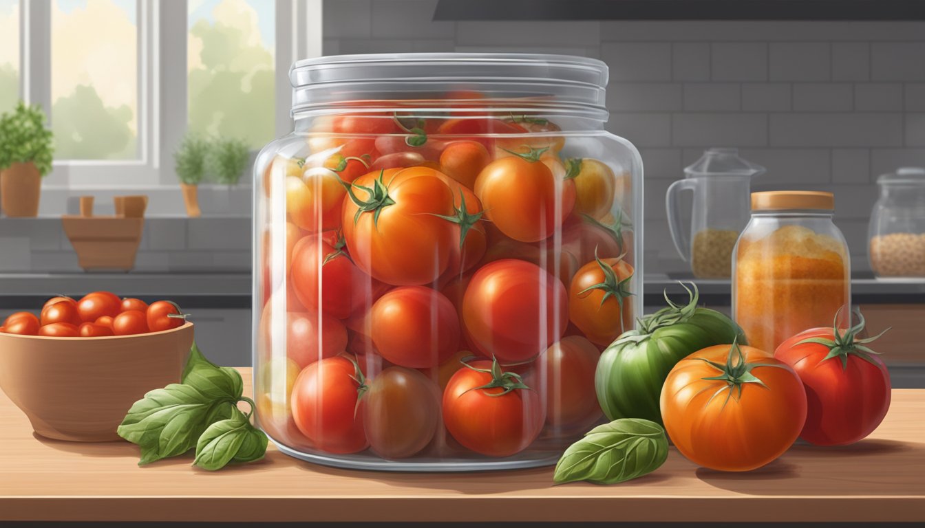 A glass jar filled with tomatoes, onions, and spices sits on a countertop, covered with a cloth and secured with a rubber band. Bubbles rise to the surface as the ketchup ferments