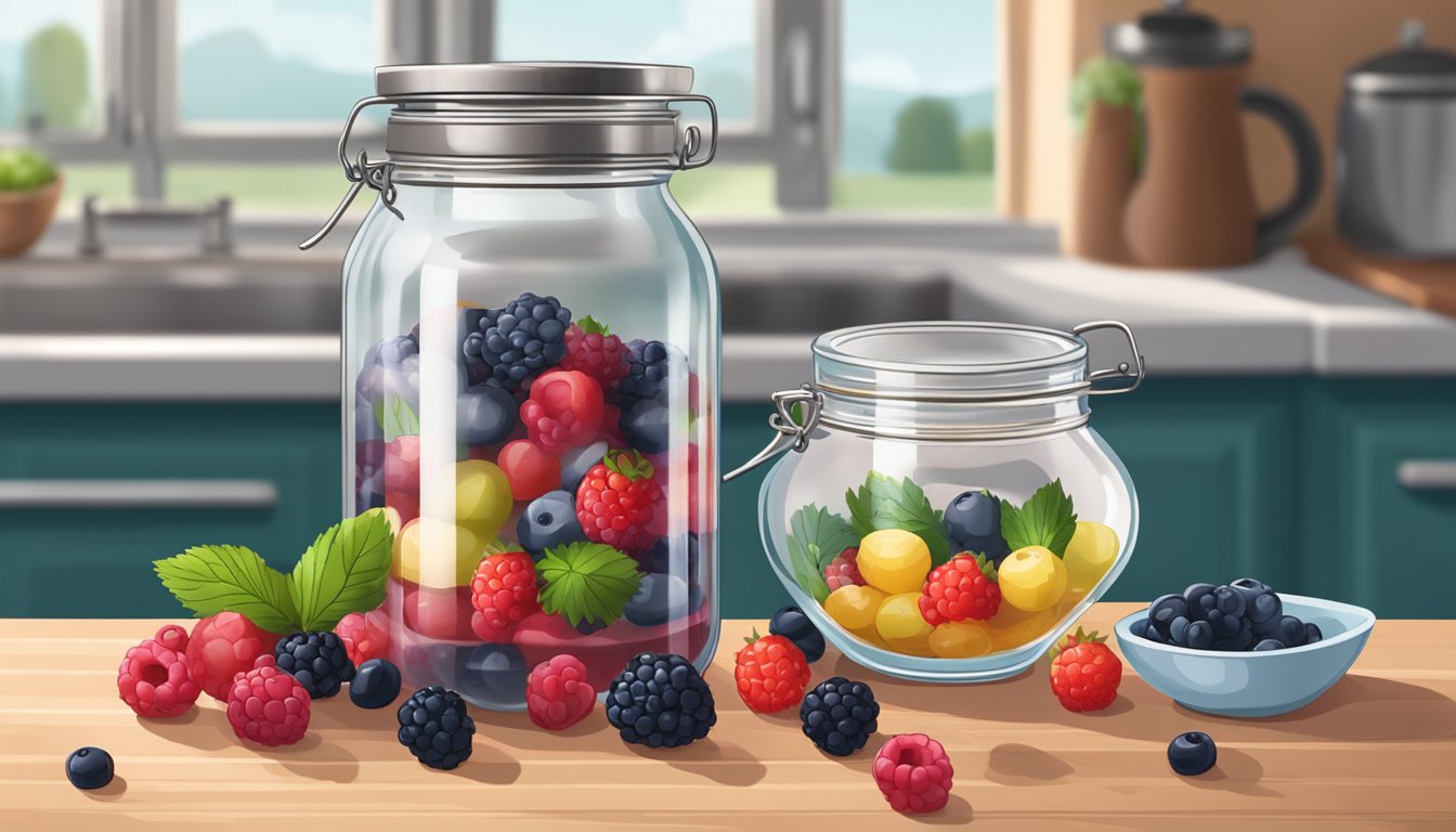 A glass jar filled with mixed berries and a brine solution, sitting on a kitchen counter next to a bowl of salt