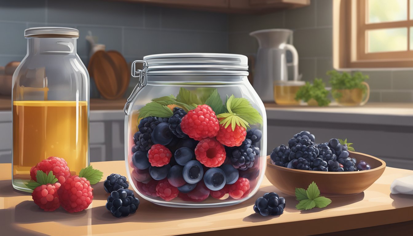 A glass jar filled with mixed berries sits on a kitchen counter next to a bowl of brine and a cloth covering. A small weight holds the berries submerged in the liquid