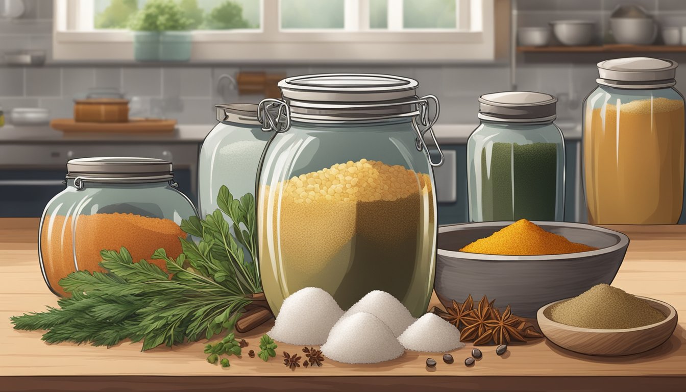 A jar of smen sitting on a kitchen counter, surrounded by ingredients such as salt, herbs, and spices. The smen is covered with a cloth and left to ferment