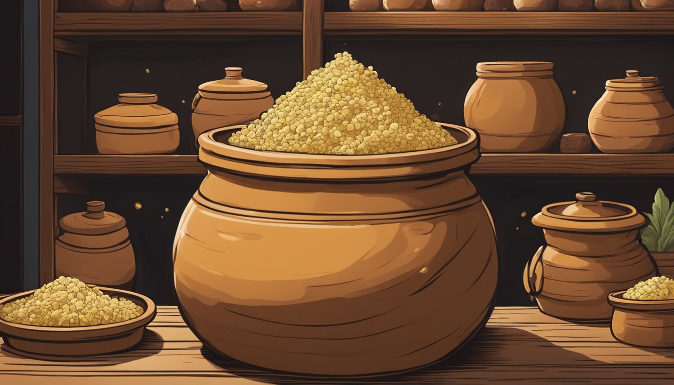 A clay pot filled with fermenting smen sits in a warm, dimly lit room. The air is filled with the pungent aroma of aged butter and spices