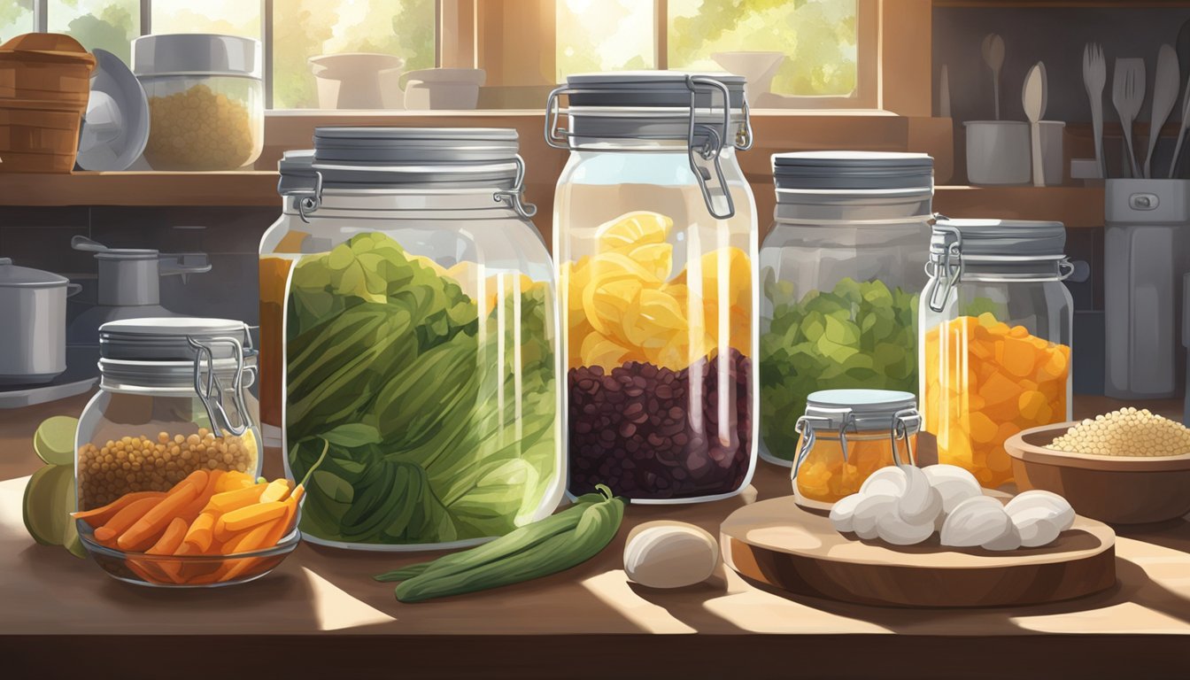 A jar of smen sits on a kitchen counter surrounded by various ingredients and utensils for fermenting. The sunlight streams in through the window, highlighting the process