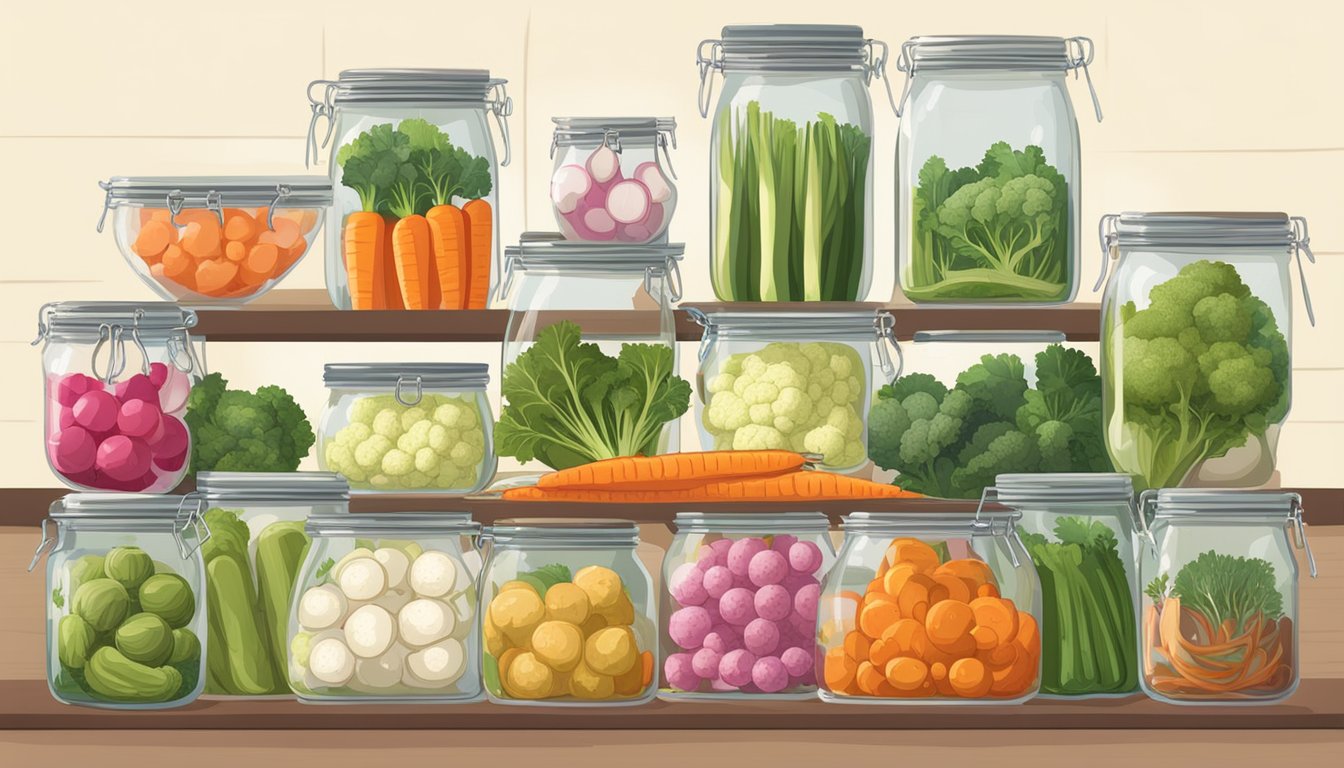 A variety of vegetables, such as carrots, radishes, and cauliflower, are placed in glass jars filled with brine, alongside pickles, ready for fermentation