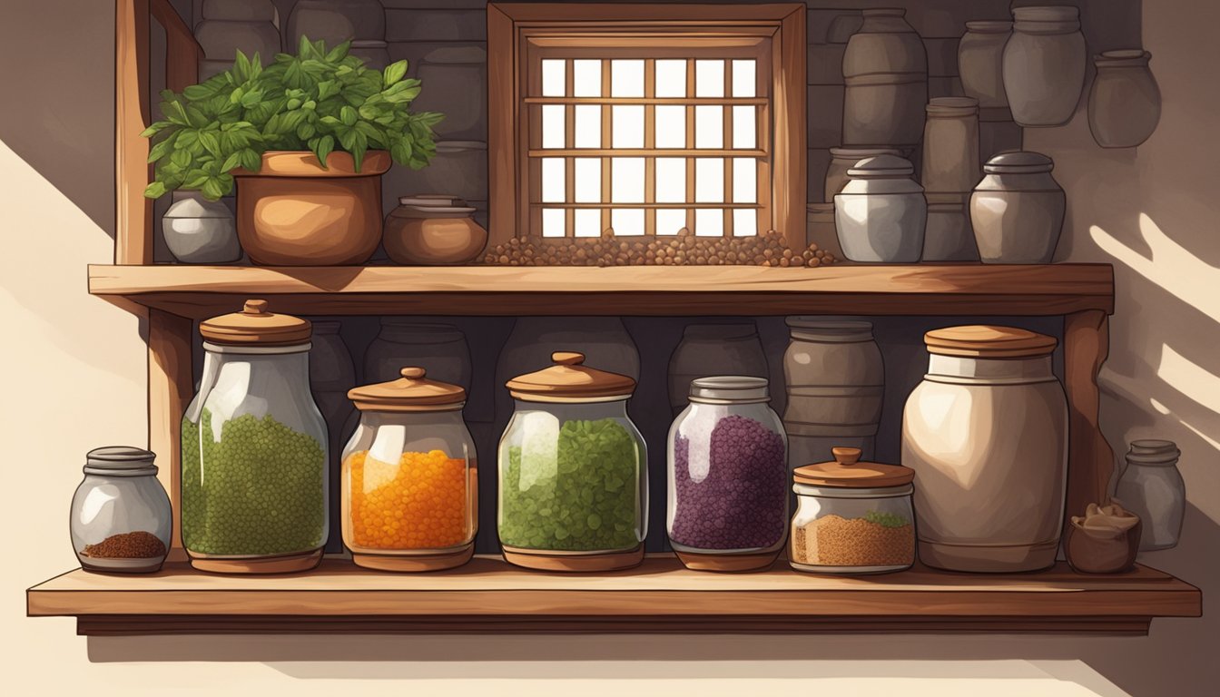 A clay pot filled with fermenting smen sits on a wooden shelf, surrounded by jars of spices and herbs. The room is dimly lit, with sunlight streaming in through a small window