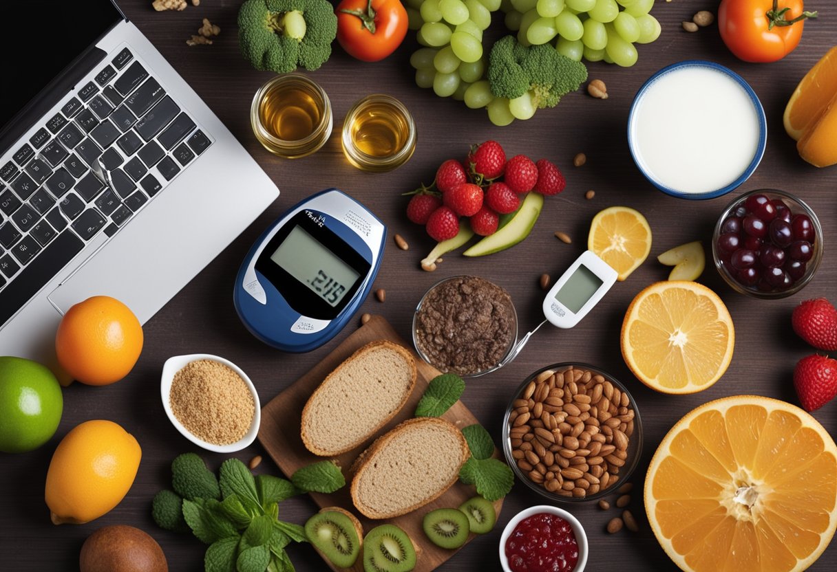 A table with various healthy food items, a glucose meter, and a notebook with recorded blood sugar levels