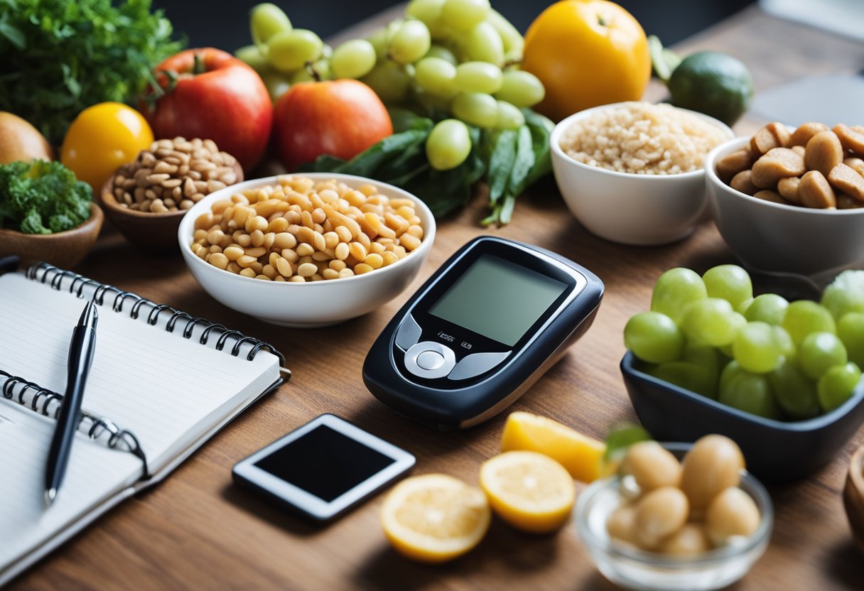 A table with a variety of healthy foods, a blood glucose monitor, and a notebook for tracking levels