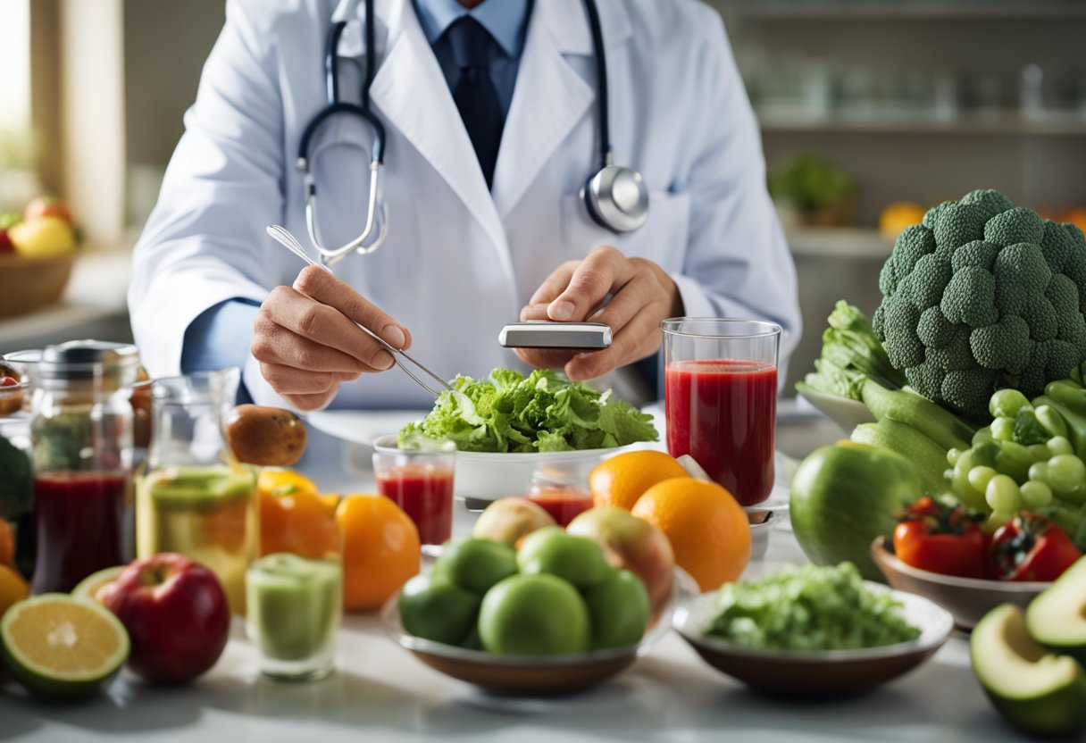 A doctor carefully measures ingredients for a balanced meal, surrounded by fresh fruits, vegetables, and a blood sugar monitor